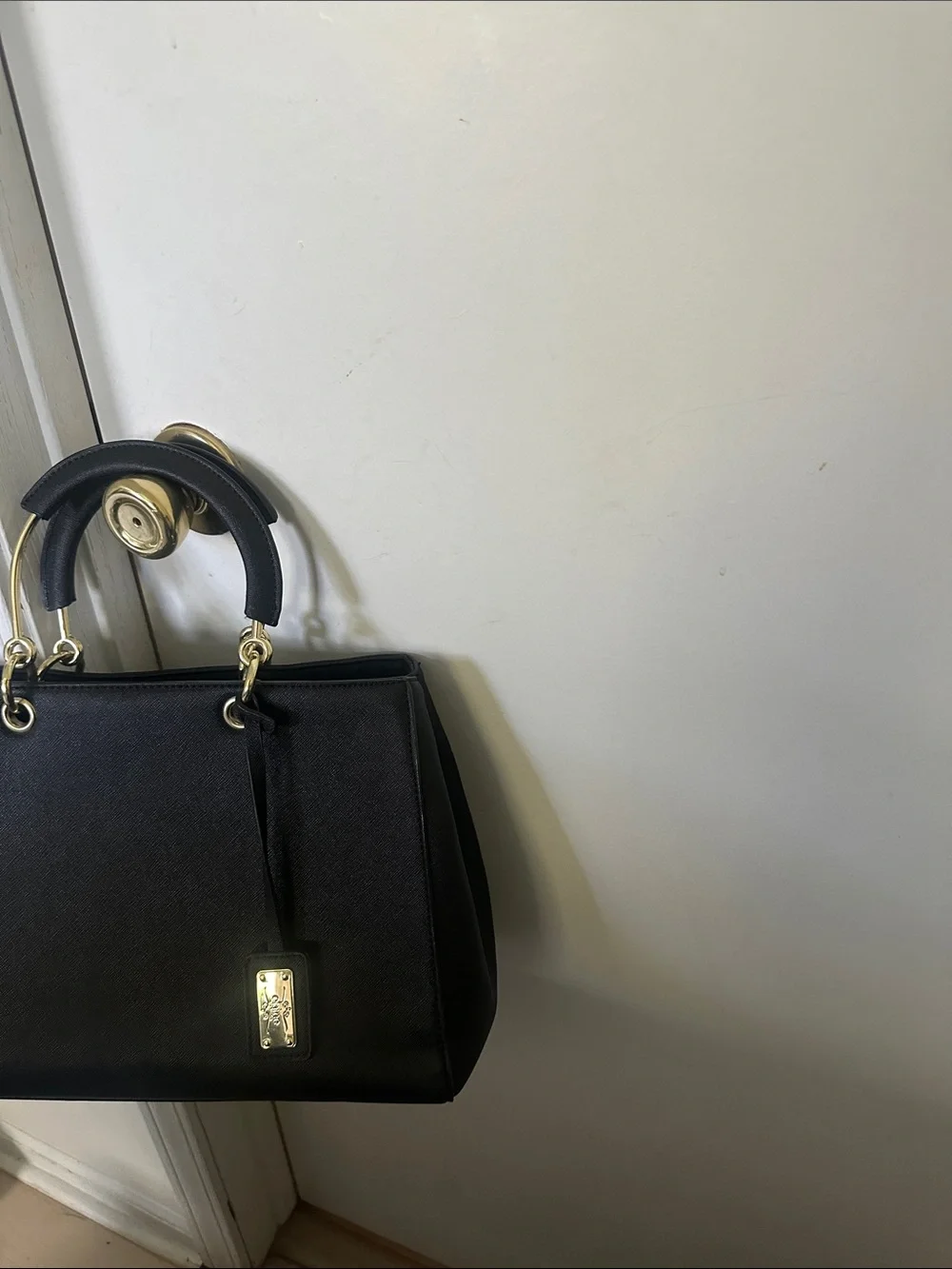 Structured Black Satchel with Gold Accent Hardware